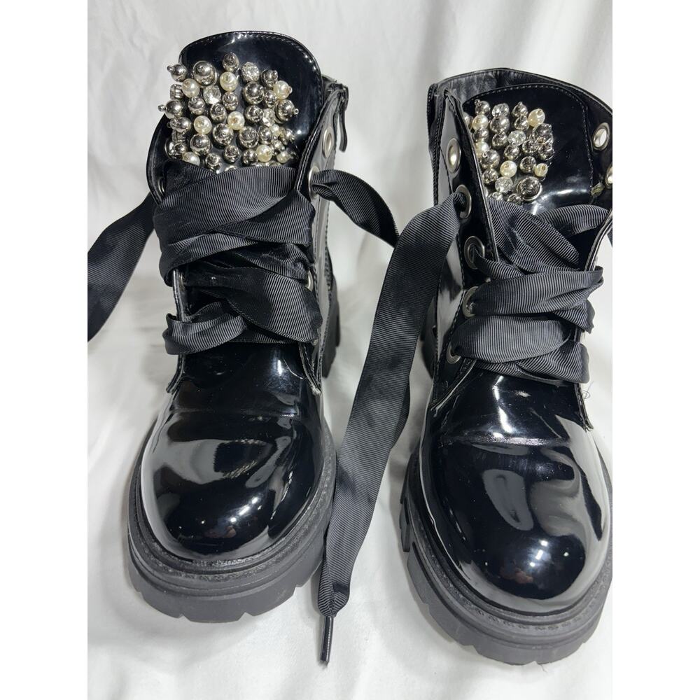 Black Rylee Pearl Rhinestone Lace up Round Toe Ankle Boots - Picture 7 of 7